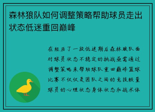 森林狼队如何调整策略帮助球员走出状态低迷重回巅峰 森林狼队如何调整策略帮助球员走出状态低迷重回巅峰