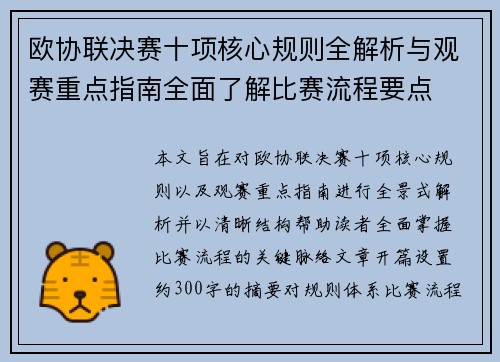 欧协联决赛十项核心规则全解析与观赛重点指南全面了解比赛流程要点