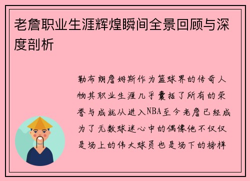 老詹职业生涯辉煌瞬间全景回顾与深度剖析